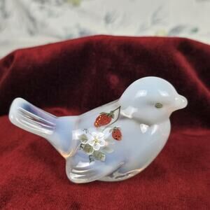 Fenton Glass Opalescent Strawberries & Flowers Hand Painted Bird Signed